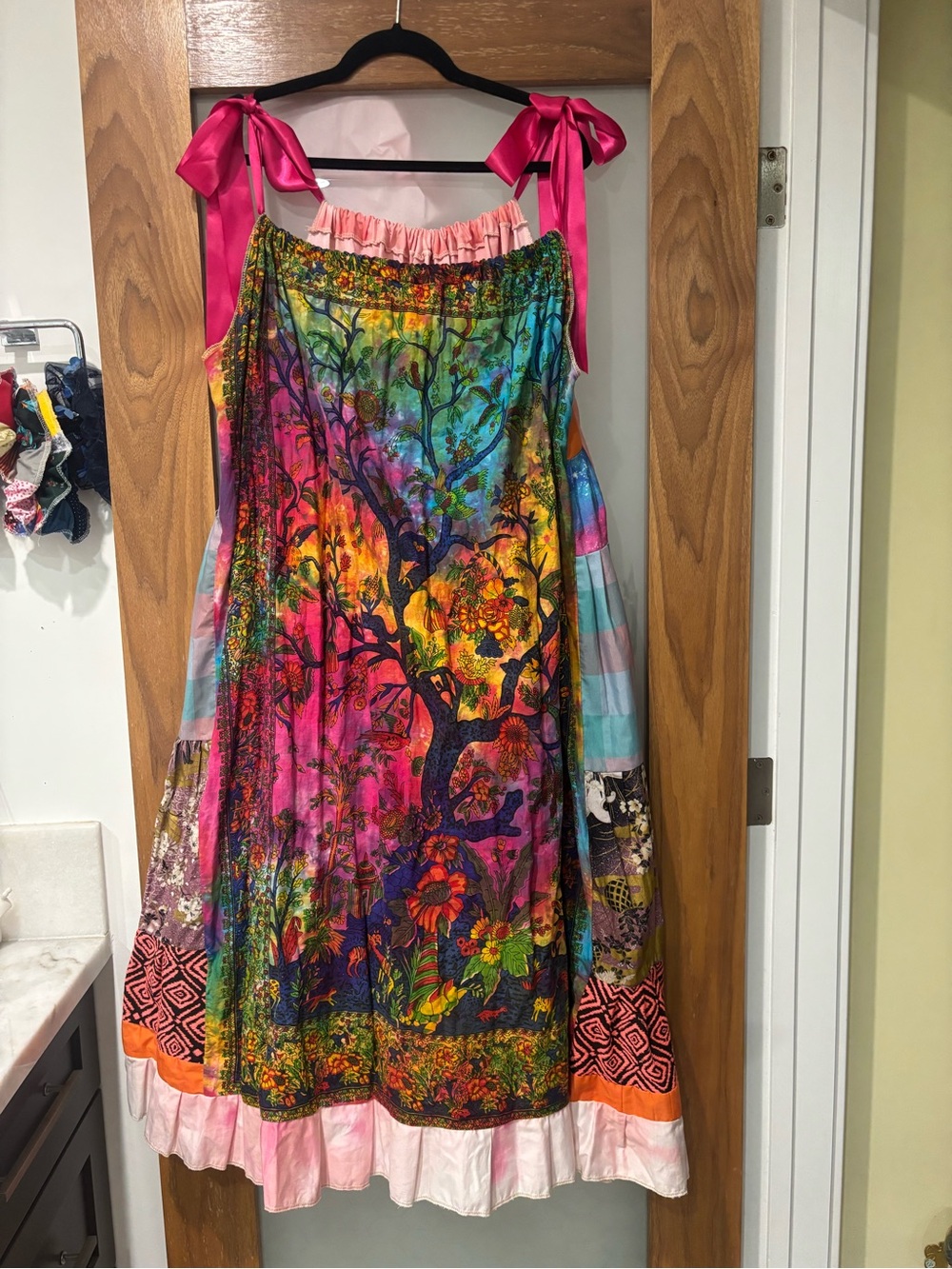 Handmade Multicolor Boho Floral Tree Print Maxi Dress with Pink Ribbon Straps